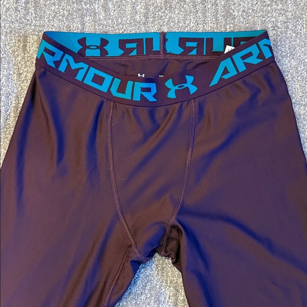 Under Armour Purple Compression Unisex Leggings Teal Accents Youth XL Athleisure - Picture 3 of 7